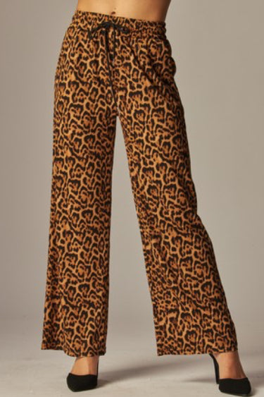 Love Poem Leopard Print Rib Drawstring Pocket Wide Leg Pant