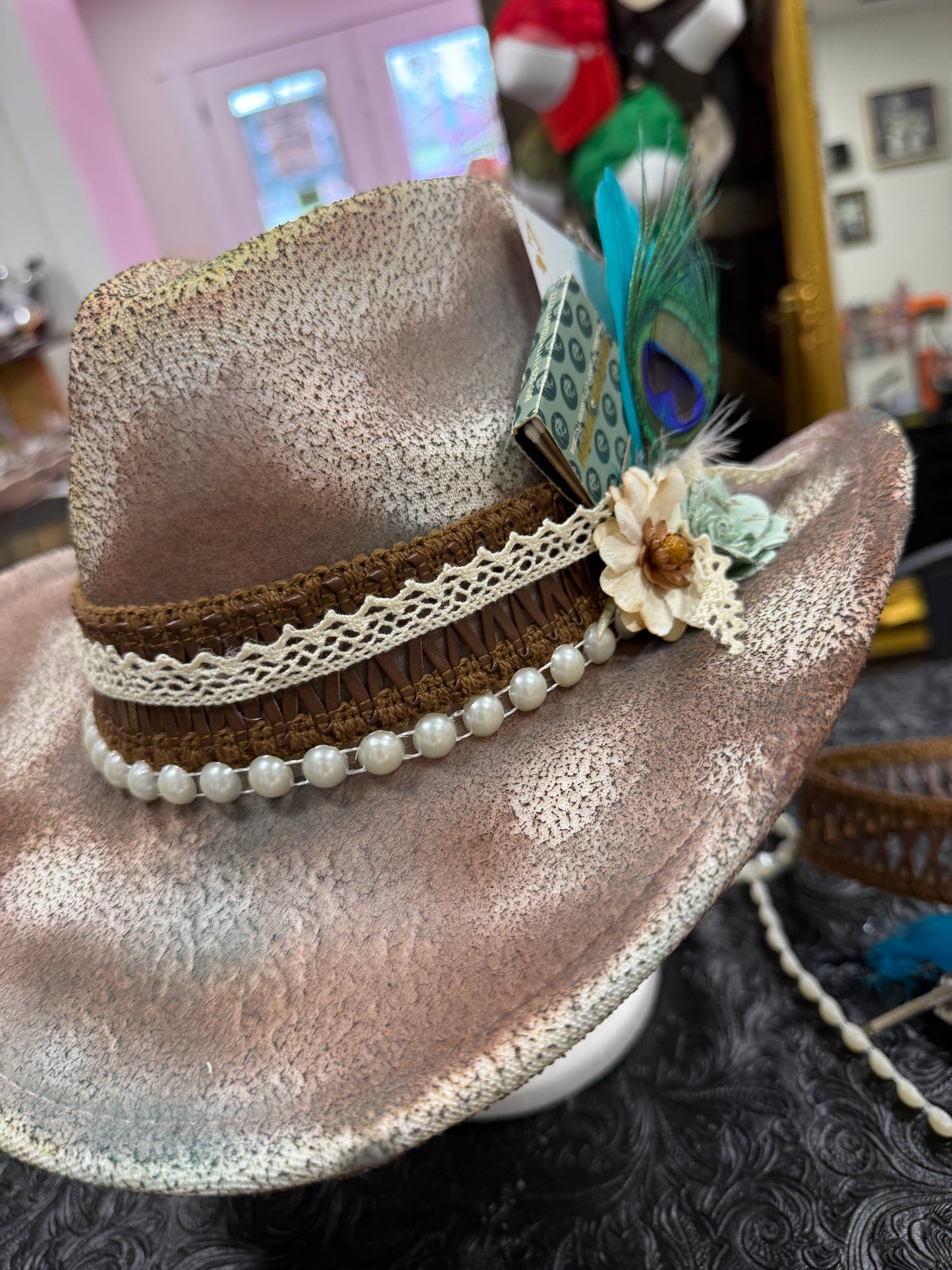 THE MGM GRAND - CUSTOM COWGIRL HAT - WESTERN LUXE* BOHO GLAM*SHOW STOPPER