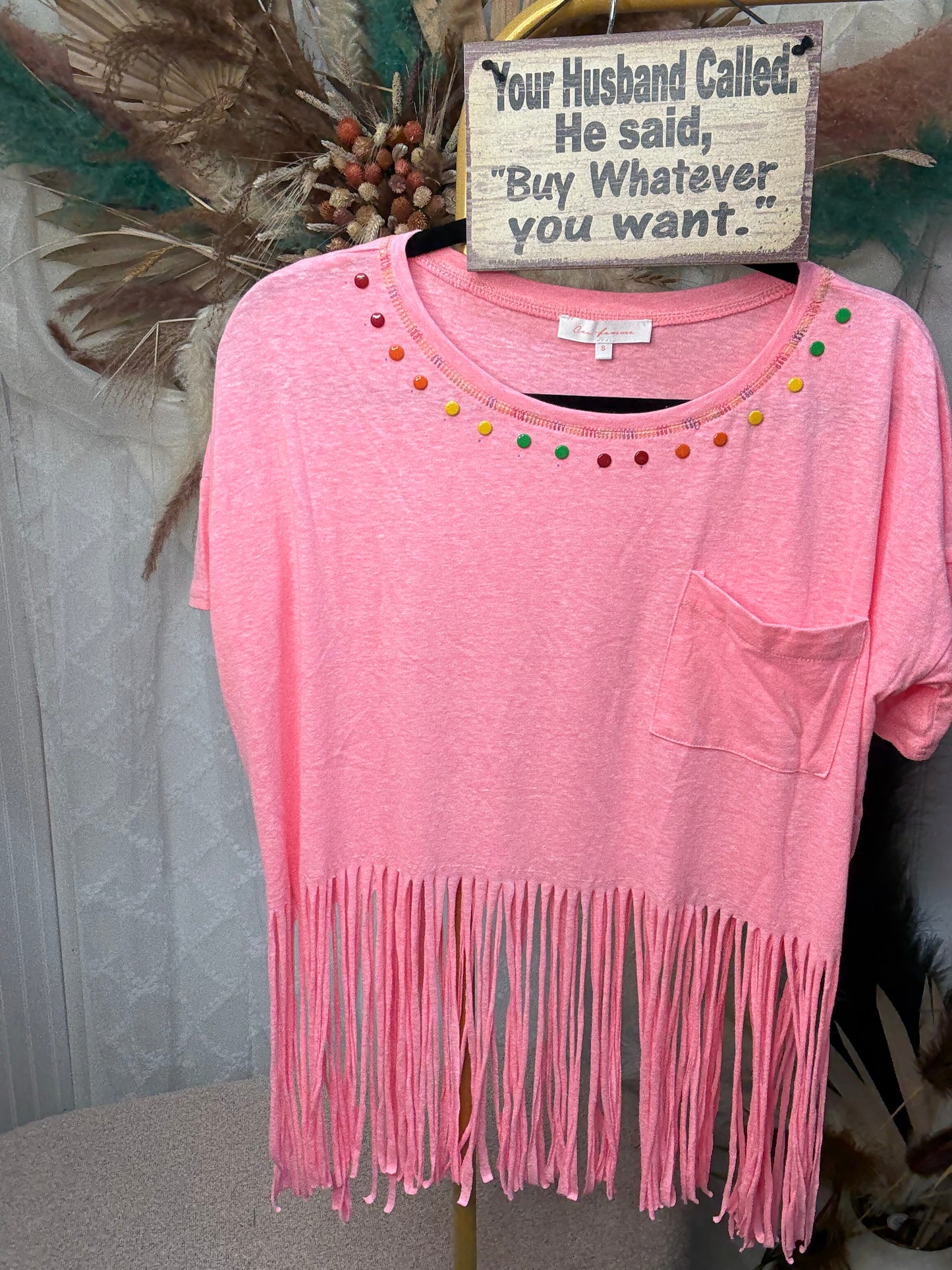 STUDDED EMBROIDERED FRINGE TEE