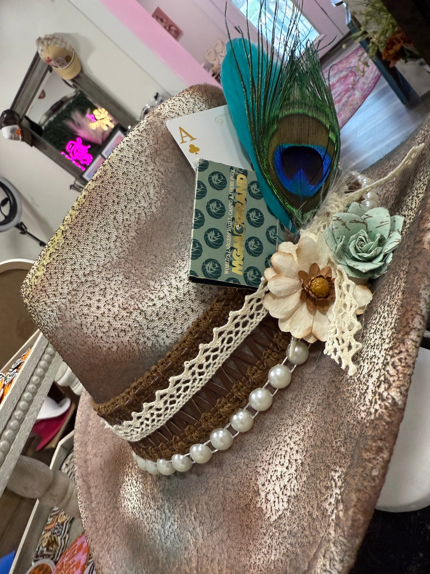 THE MGM GRAND - CUSTOM COWGIRL HAT - WESTERN LUXE* BOHO GLAM*SHOW STOPPER