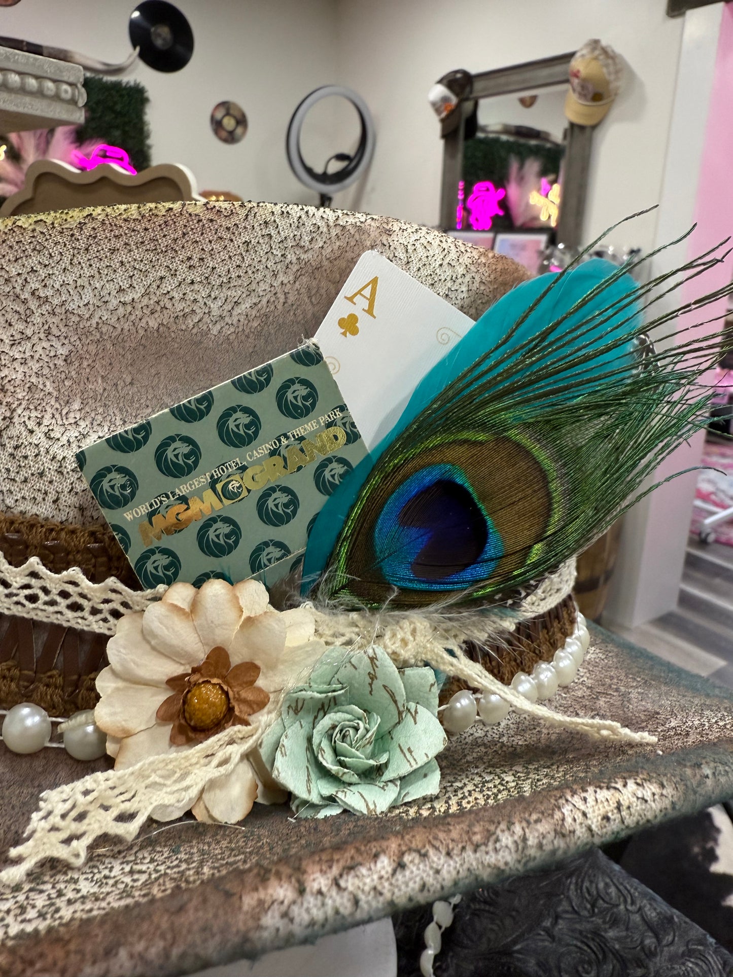 THE MGM GRAND - CUSTOM COWGIRL HAT - WESTERN LUXE* BOHO GLAM*SHOW STOPPER